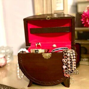 Vintage Wooden Brass Trim Jewelry Box Round Whiskey Barrel Shape